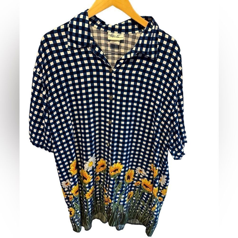 Kathie Lee Collection Sunflower Blue Gingham Floral Button Down Shirt